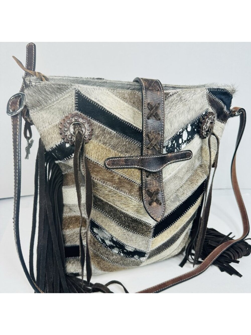 Angel Ranch Hairon Cowhide Large Crossbody Bag Chevron Western Cowgirl Fringe